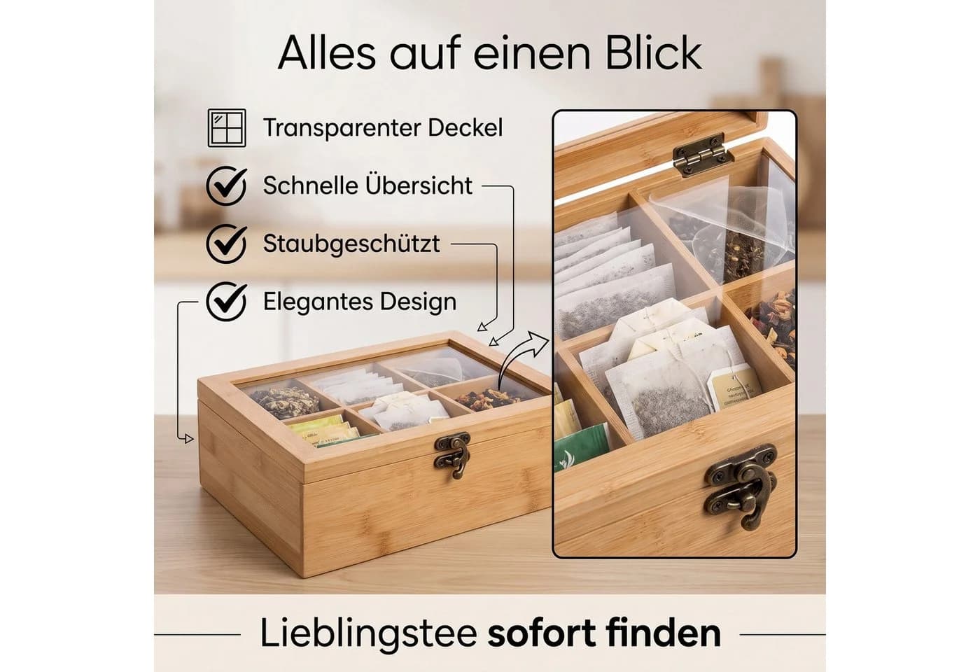 hausleben Teebox Organizer 6 Fächer Bambus Transparent - Bild 4