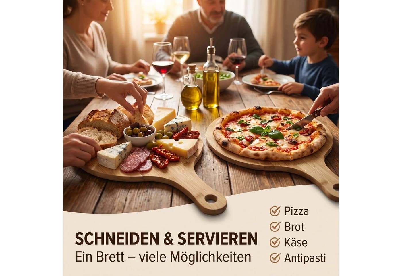 hausleben Pizzaschneidebrett Bambus mit Griff und Schneiderillen