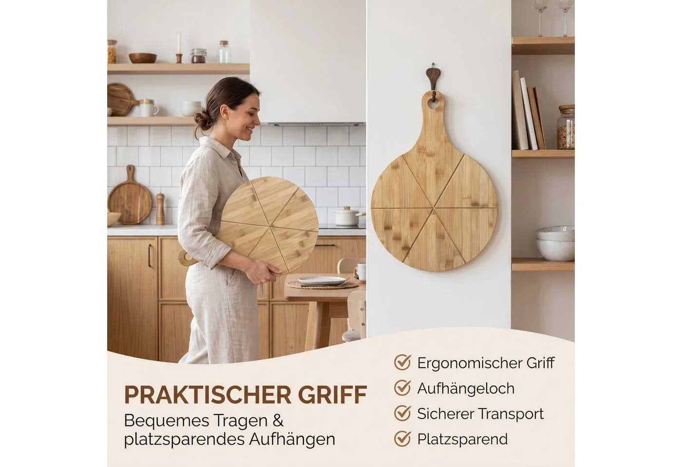hausleben Pizzaschneidebrett Bambus mit Griff und Schneiderillen - Bild 3