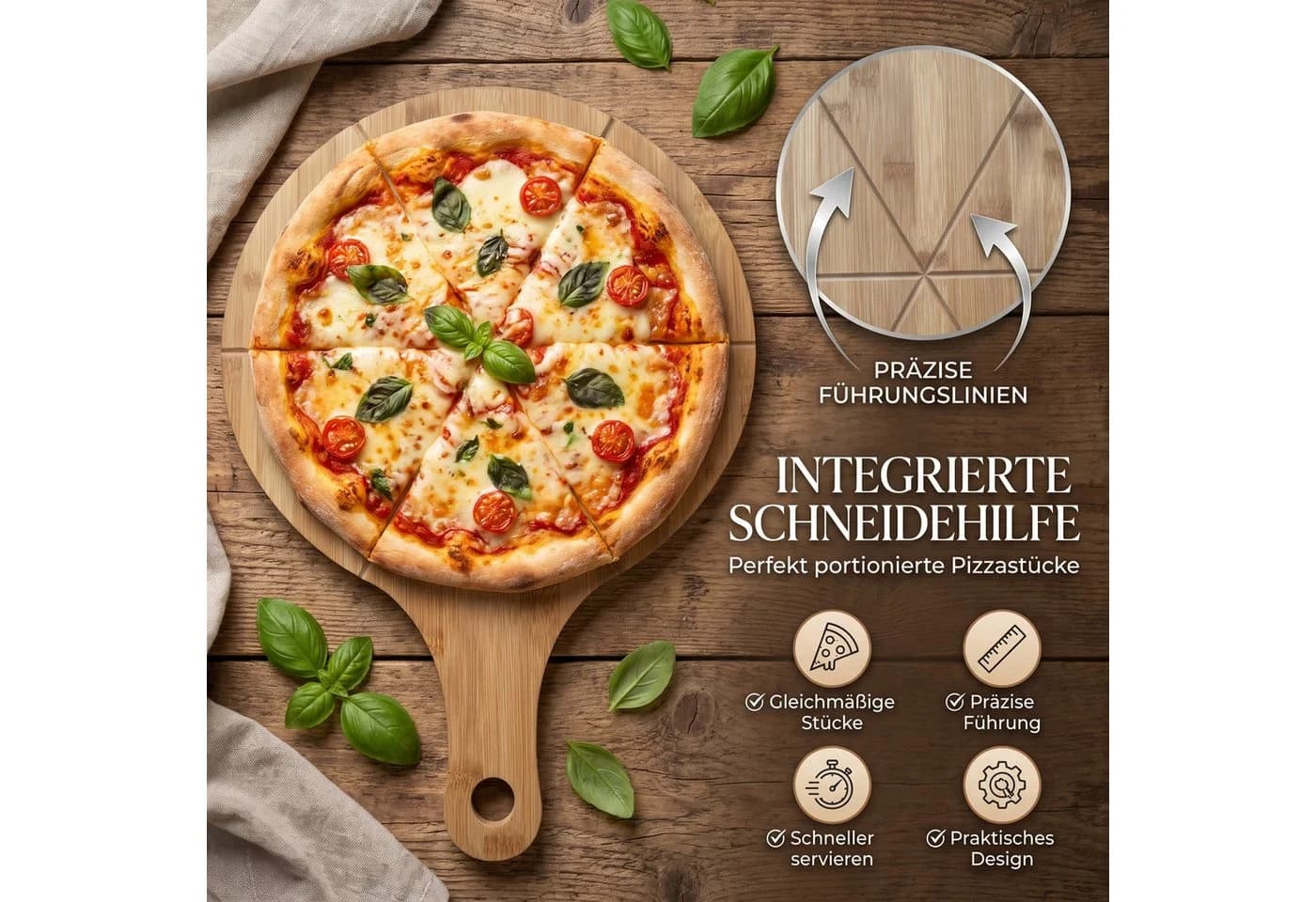 hausleben Pizzaschneidebrett Bambus mit Griff und Schneiderillen - Bild 4