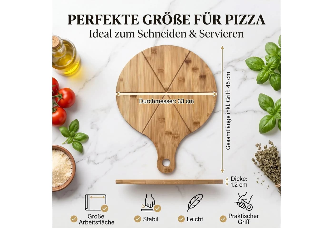 hausleben Pizzaschneidebrett Bambus mit Griff und Schneiderillen - Bild 5