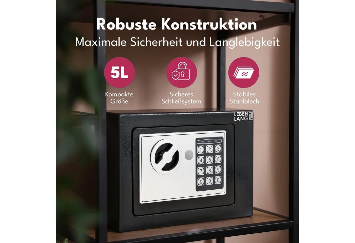 Lebenlang Tresor 5L Elektronischer Safe Schwarz mit Doppelverriegelung - Bild 4