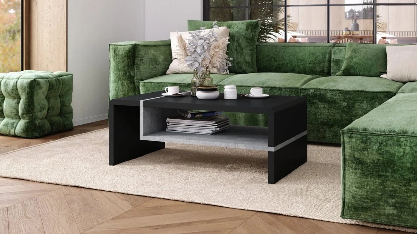 designimpex Couchtisch Folk 01 Schwarz matt / Beton mit Ablagefläche