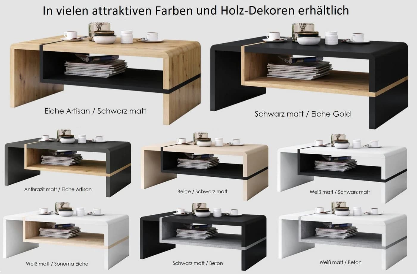 designimpex Couchtisch Folk 01 Schwarz matt / Beton mit Ablagefläche - Bild 5