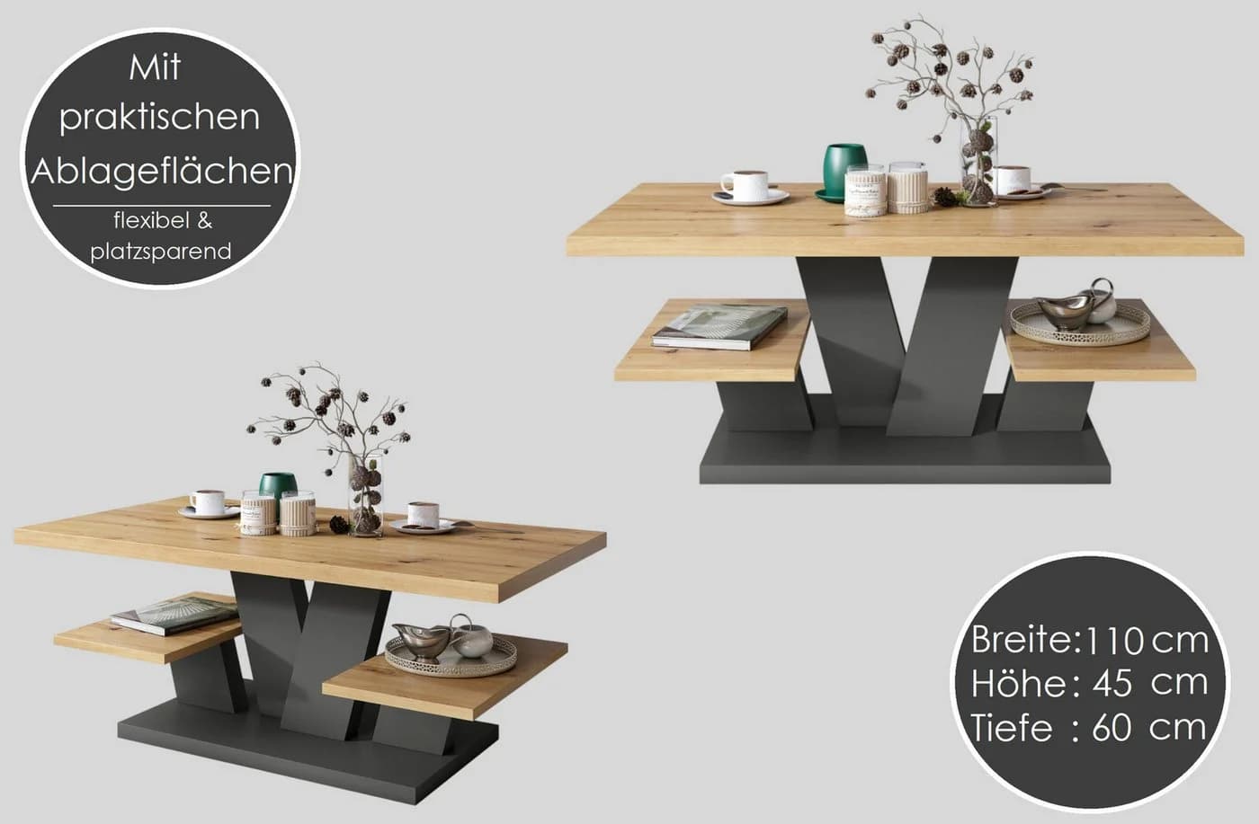designimpex Couchtisch Viva Weiß/Schwarz mit Ablagefläche - Bild 3