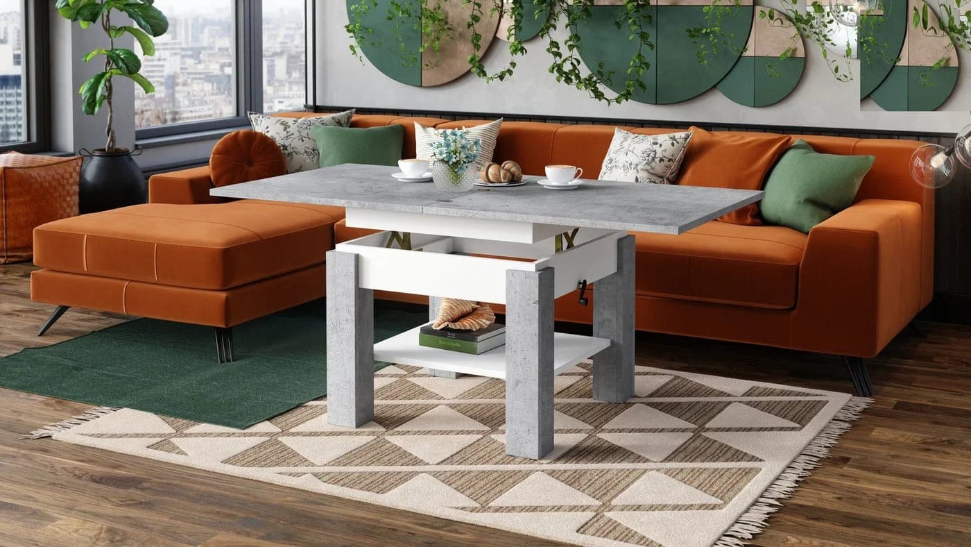 designimpex Couchtisch Cleo Grau Höhenverstellbar Aufklappbar