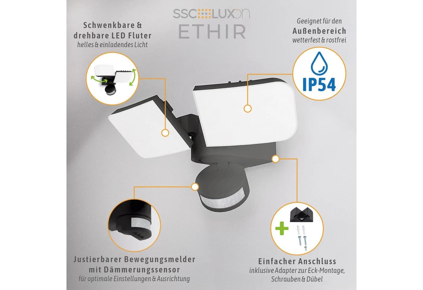 SSC-LUXon ETHIR LED Außenwandleuchte mit Bewegungsmelder Schwarz IP54 - Bild 3
