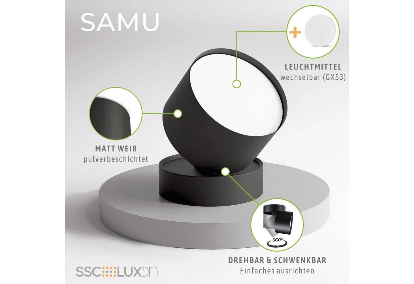 SSC-LUXon LED Aufbaustrahler SAMU Schwarz GX53 Schwenkbar - Bild 3