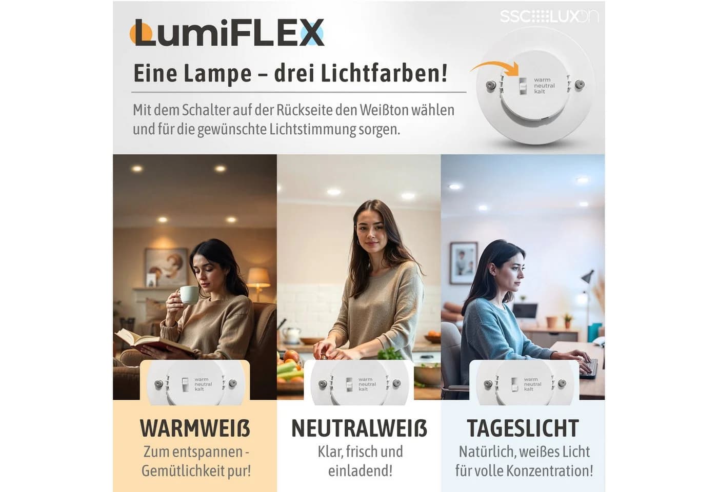 SSC-LUXon GX53 LED Leuchtmittel 3W 3CCT Umschaltbar Warm/Neutral/Tageslicht