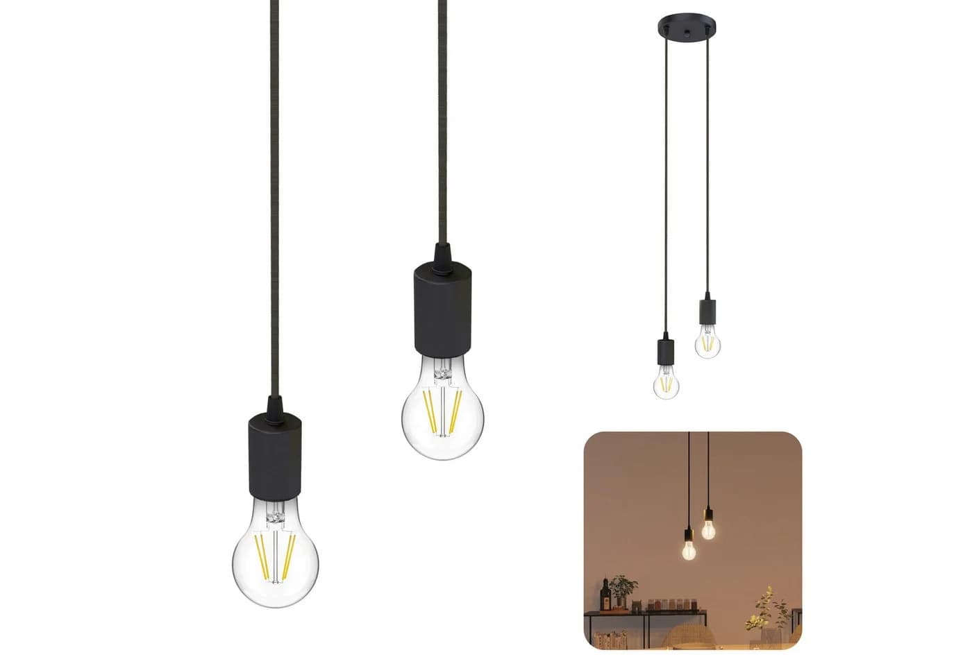 SSC-LUXon LED-Hängeleuchte PARU 2-flammig Schwarz rund LED Glühbirnen E27 warmweiß - Bild 2