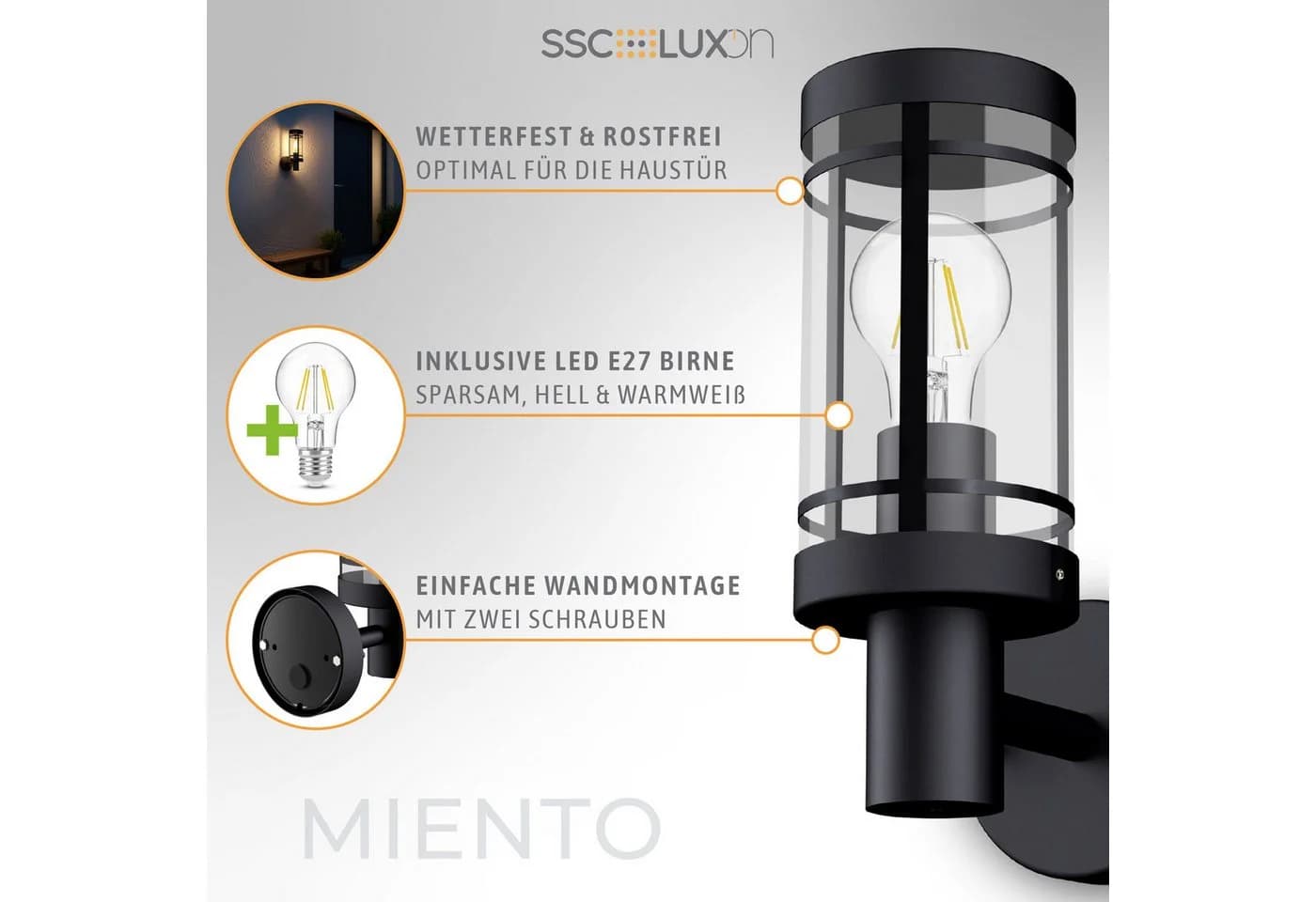 SSC-LUXon LED Außen-Wandleuchte MIENTO Schwarz IP44 Warmweiß - Bild 3