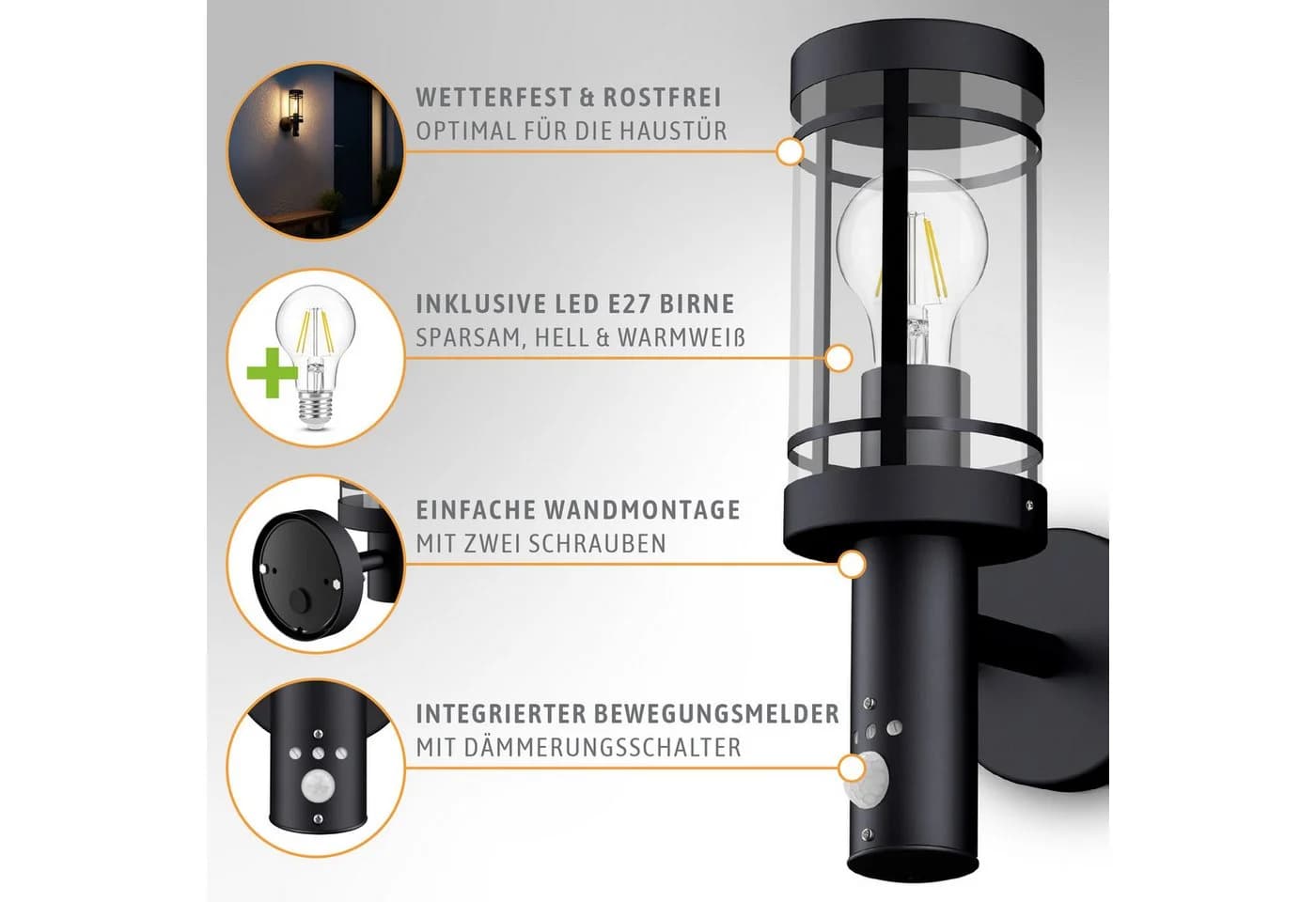 SSC-LUXon LED Außen-Wandleuchte MOVI Schwarz mit Bewegungsmelder IP44 - Bild 3