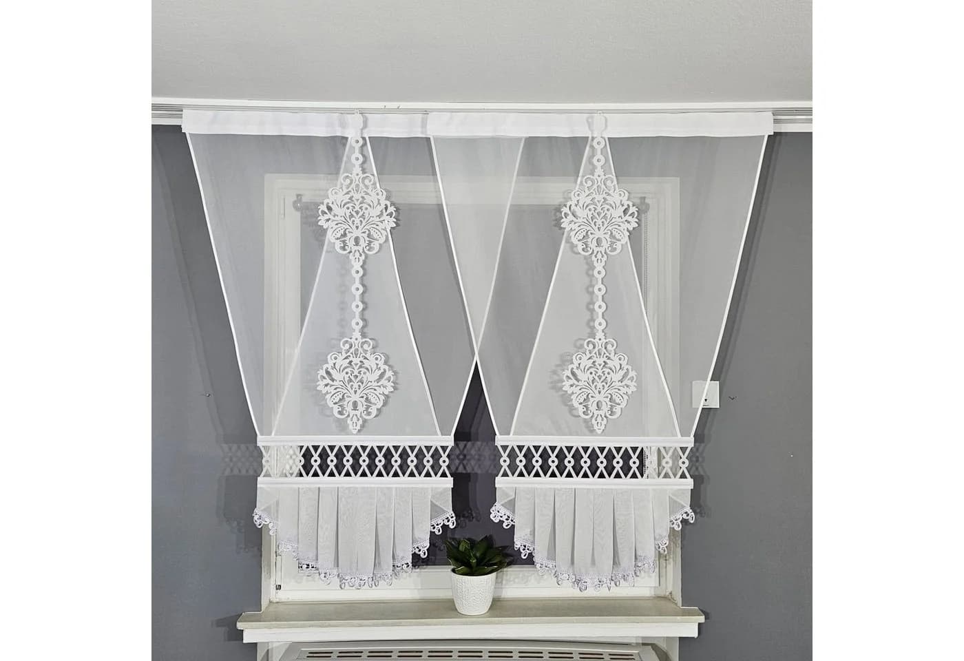 Gardinen by Justyna Scheibengardine 2er V Panel Set mit Gipüre, Kräuselband, transparent, Voile, Schiebegardinen, Fertiggardine, Paneele, Modern, Fensterdeko