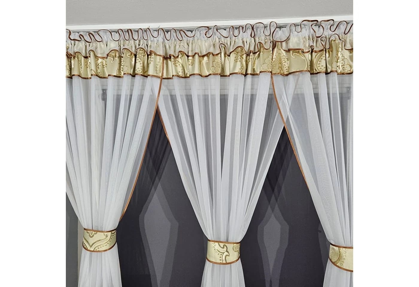 Gardinen by Justyna Vorhang 3er Gardine aus Voile Gold, Blumengardine, Kräuselband, Weiß - Bild 5