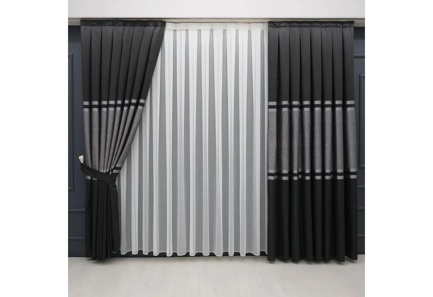 Gardinen by Justyna Vorhang Komplett-Set Schwarz Grau Faltenband Kräuselband Halbtransparent - Bild 2