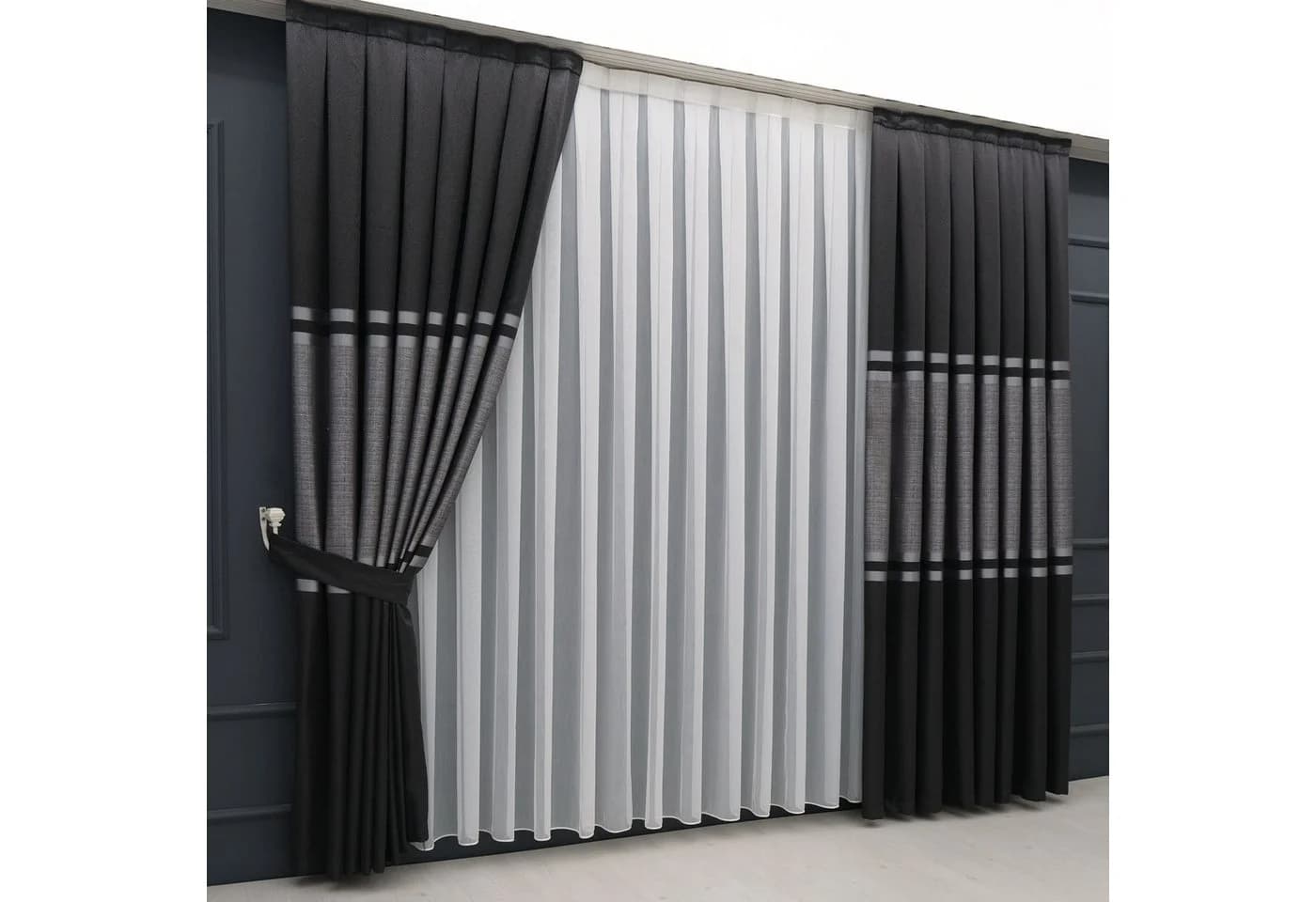 Gardinen by Justyna Vorhang Komplett-Set Schwarz Grau Faltenband Kräuselband Halbtransparent - Bild 5