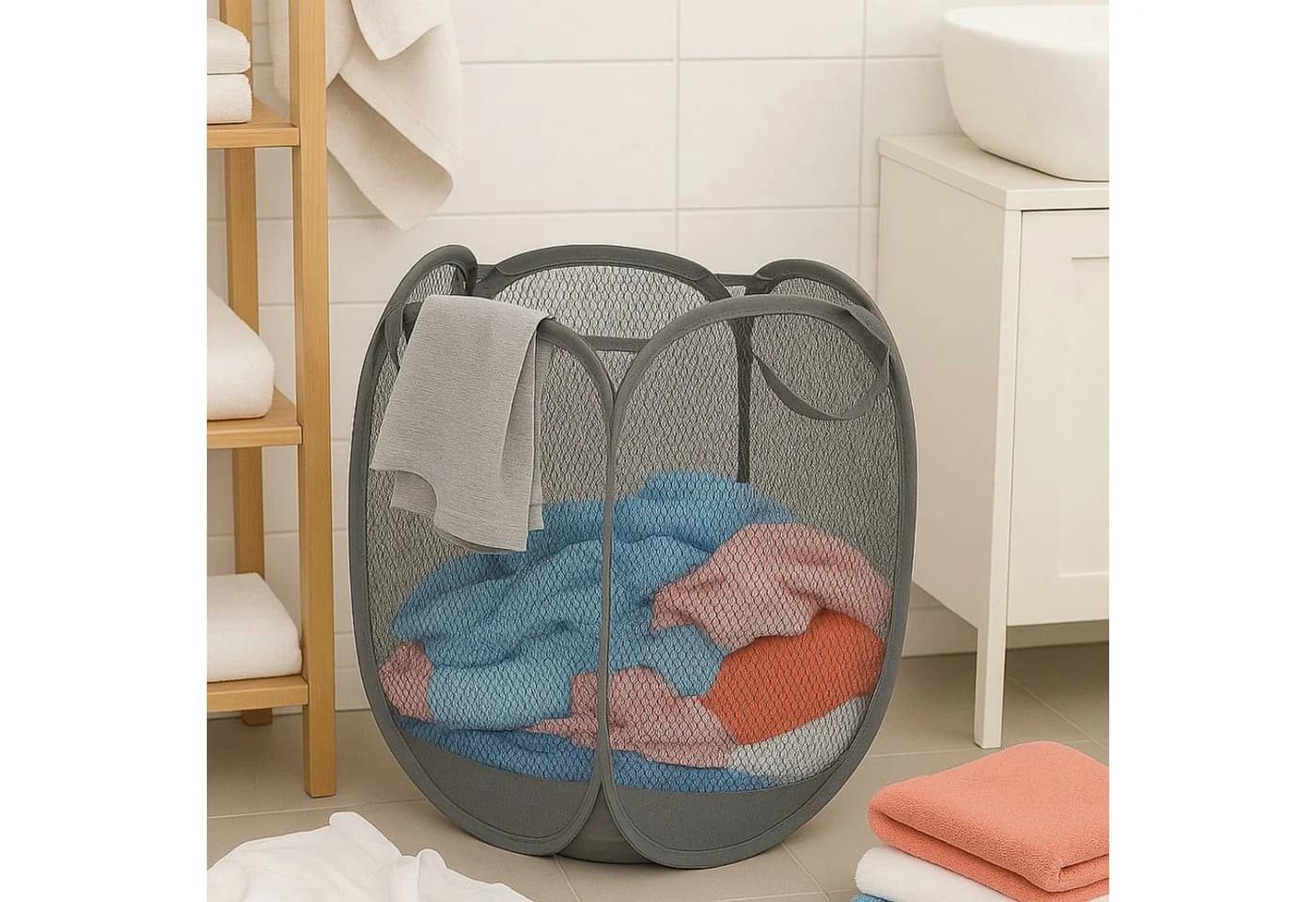 Koopman Wäschenetz Wäschebehälter Wäschesammler Waschbehälter Mesh-Netz, Grau, 58x36x36cm, Pop-Up, Nylon, Tragegriff
