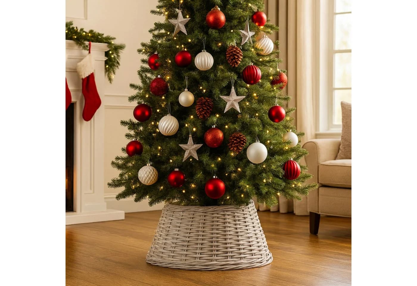 Van der Leeden Weihnachtsbaumdecke Baumrock Fuß Umrandung Ø 60 cm Weiß Rattan Rustikal - Bild 2