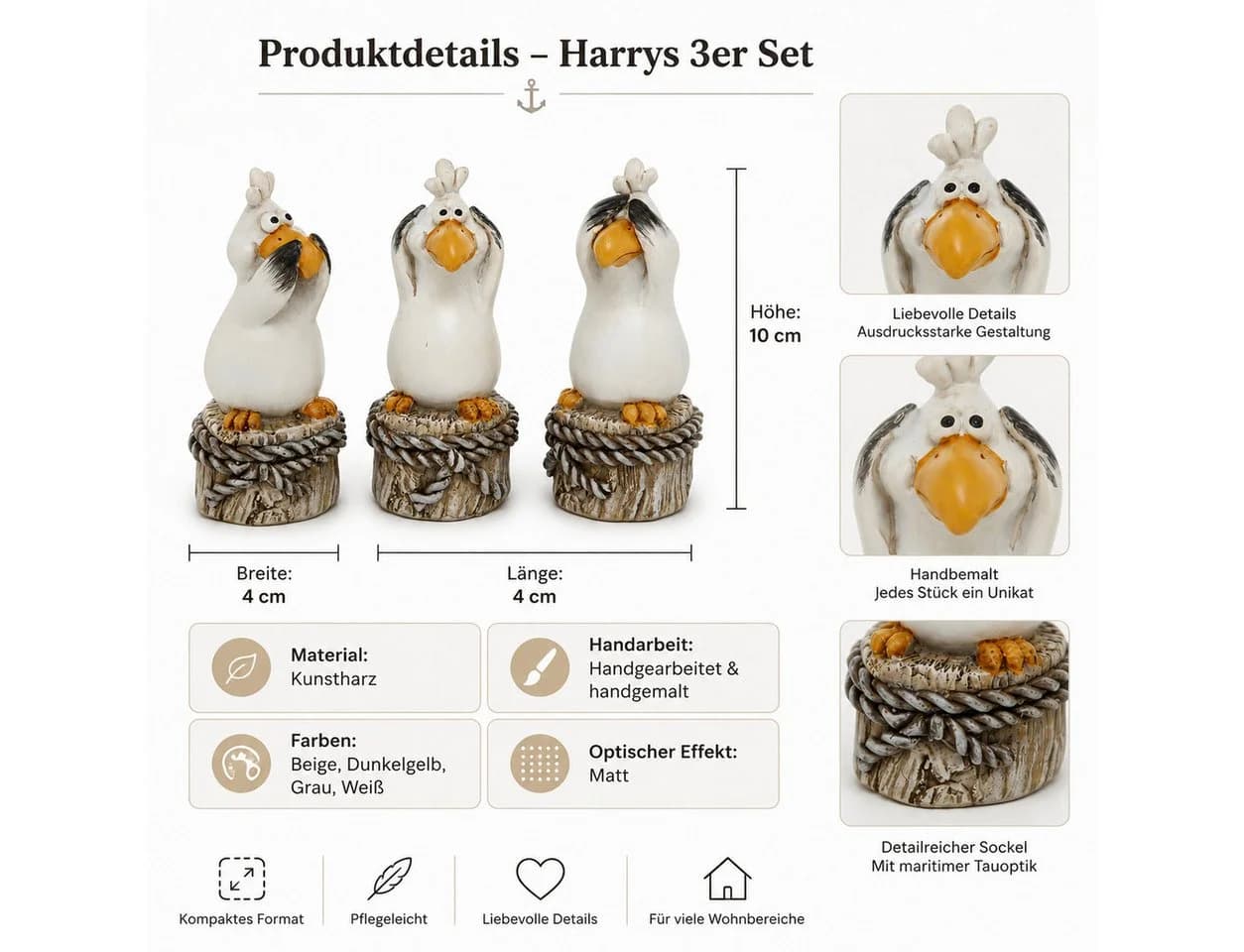 ReWu Dekofigur Harrys 3er-SET Möwen aus Kunstharz Beige/Grau/Weiß - Bild 5