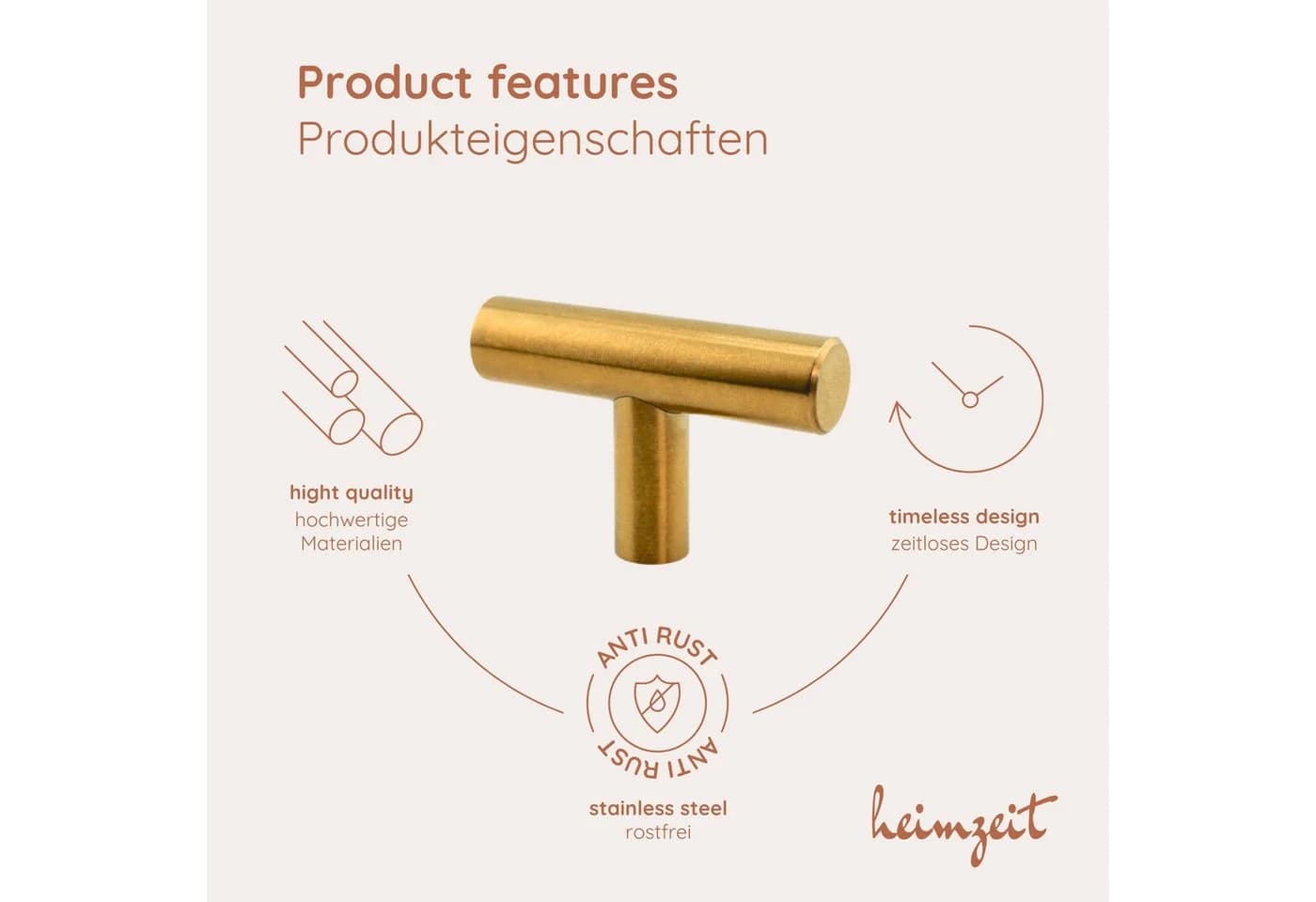 heimzeit Edelstahl Möbelgriff Set 12-tlg. Gold Matt - Bild 3