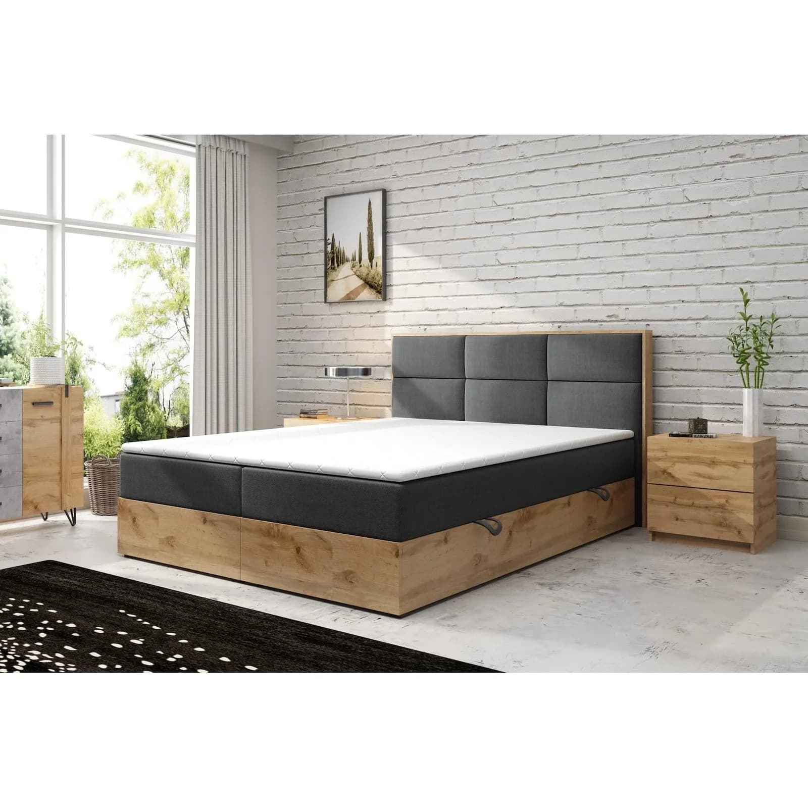 M-Punkt Boxspringbett STOCKHOLM Eiche Holz Grau mit Bettkasten