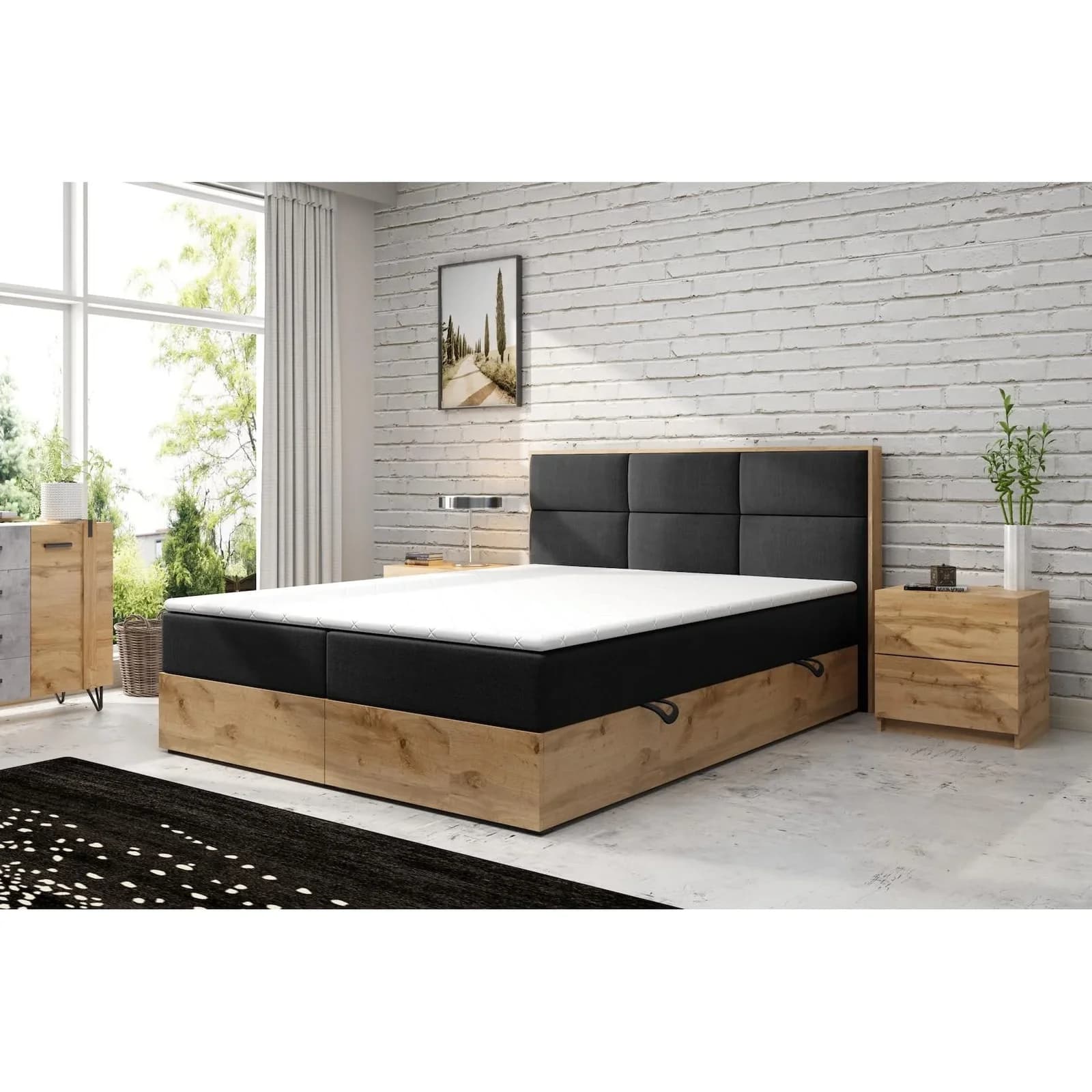 M-Punkt Boxspringbett STOCKHOLM Eiche Holz Schwarz mit Bettkasten