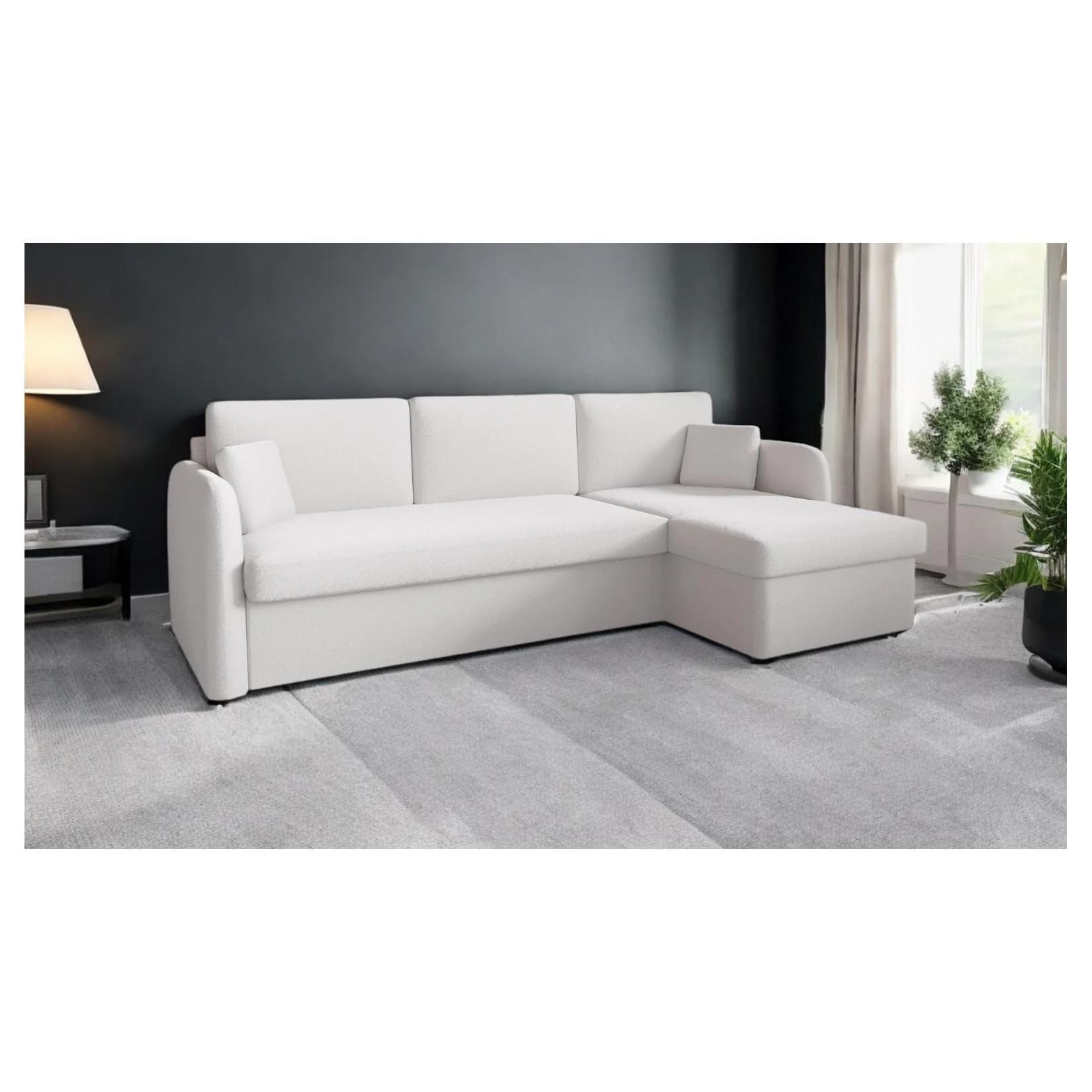 M-Punkt Ecksofa NICE Abriamo Boucle Ecru Hell mit Bettfunktion und Bettkasten