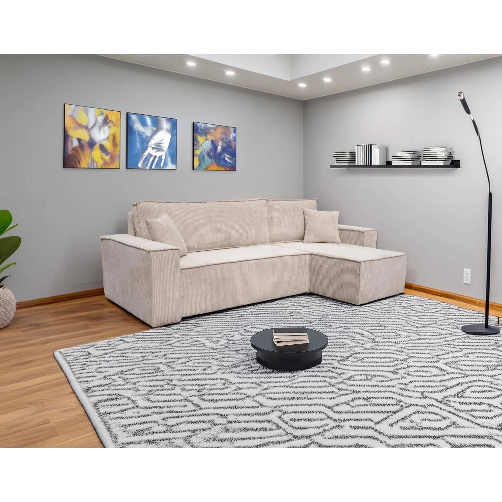 M-Punkt Ecksofa COMO Cord Creme mit Bettfunktion und Ottomane