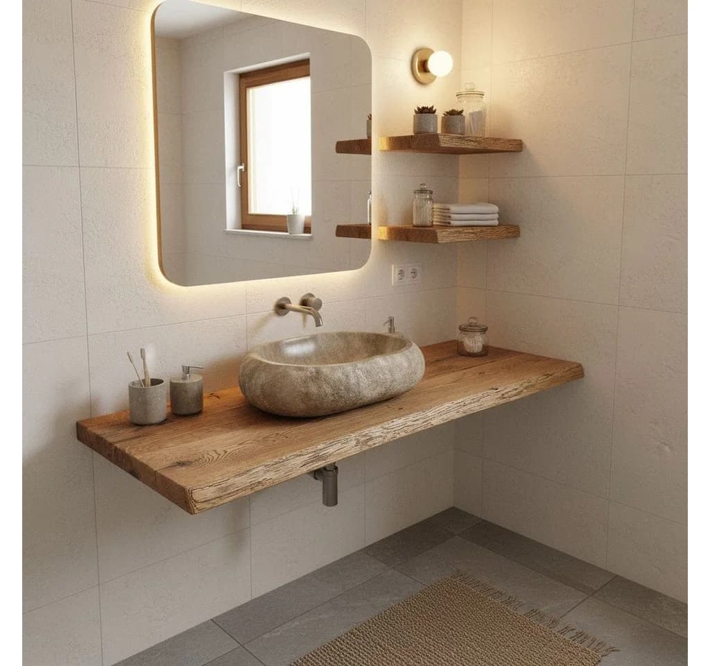 KEINerlei® Waschtischplatte Massive Eiche Alt Holz Hell Naturkante - Bild 3