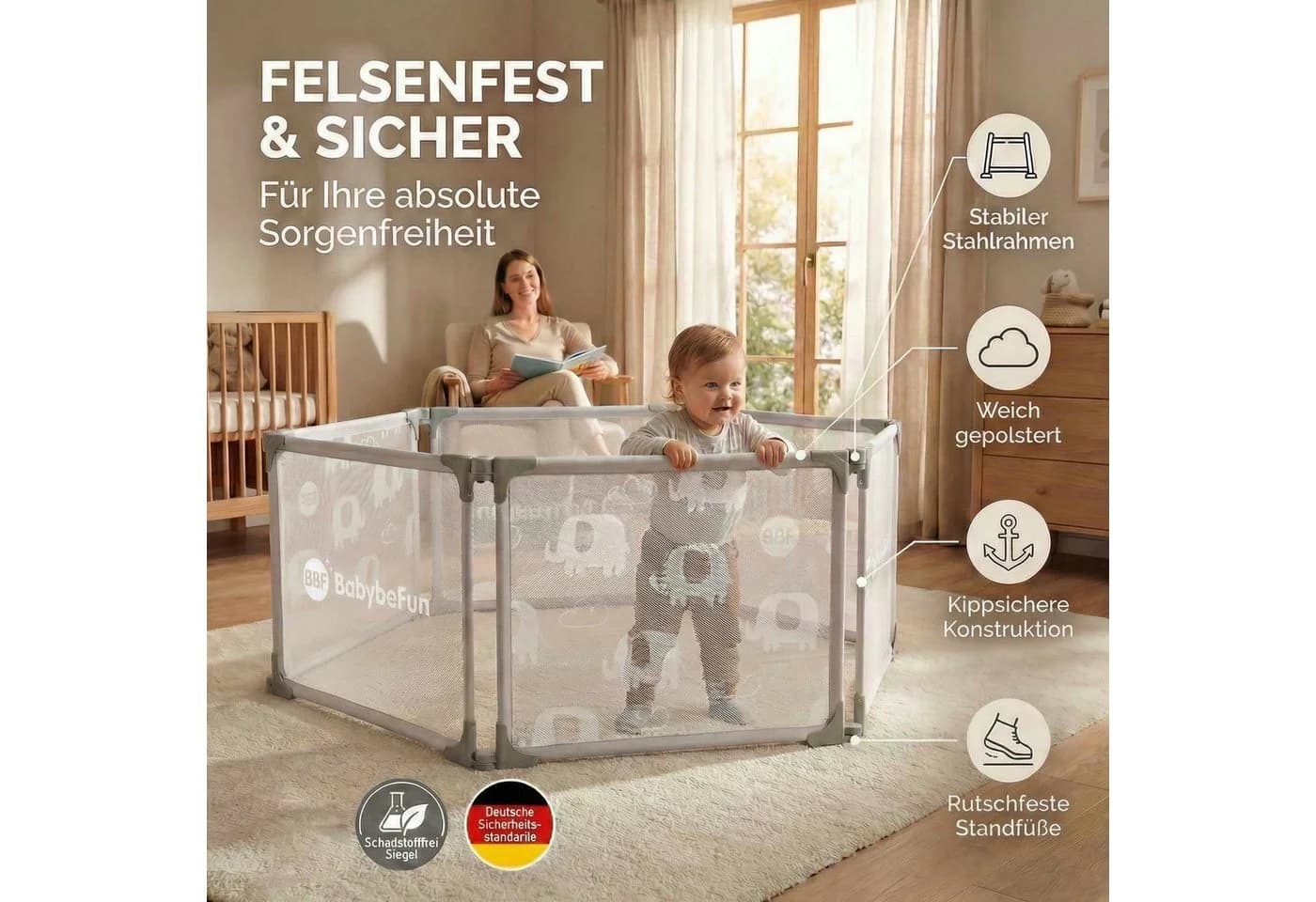 BabyBeFun Laufstall Baby faltbar Extra Stabil Laufgitter Baby Playpen Kaminschutzgitter - Bild 4