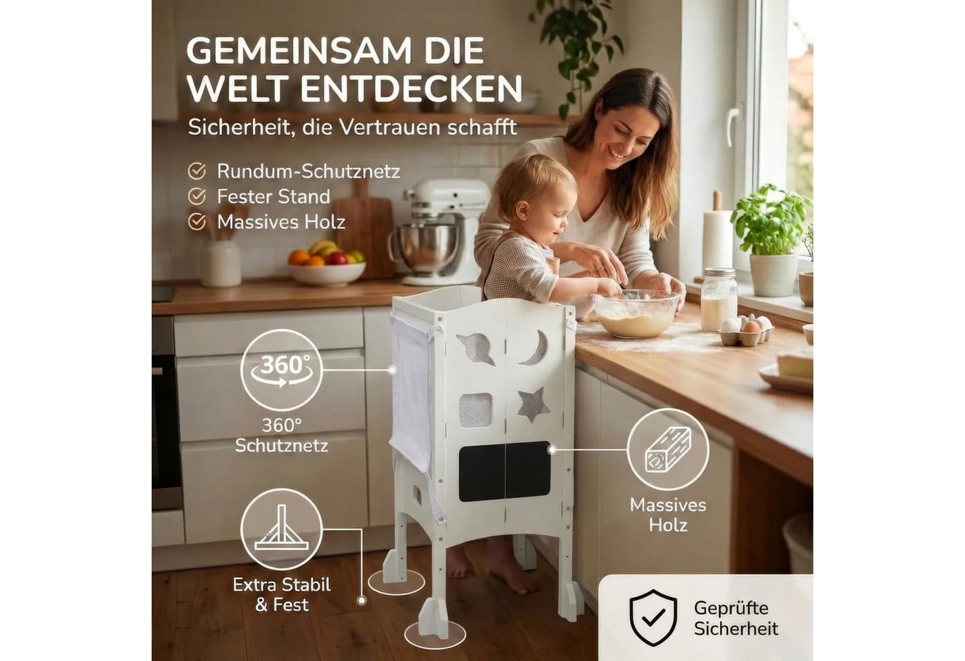 BabyBeFun Lernturm Klappbar Weiß 360° Sicherheitsnetz