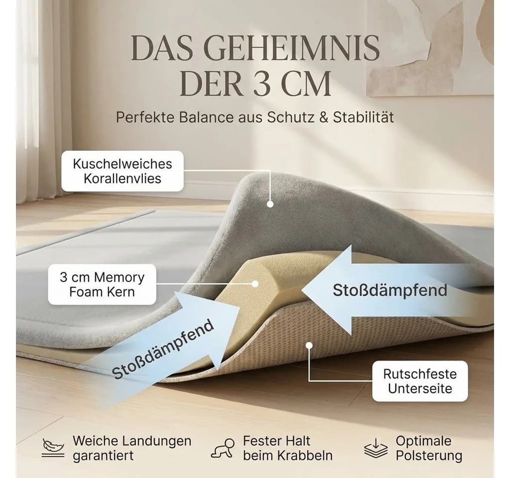 BabyBeFun Spielmatte 3cm Memory-Schaum Grau Rutschfest - Bild 3