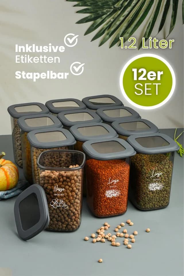 Viwares Vorratsdosen-Set 12er Anthrazit SERIE FOLY1.2L Kunststoff