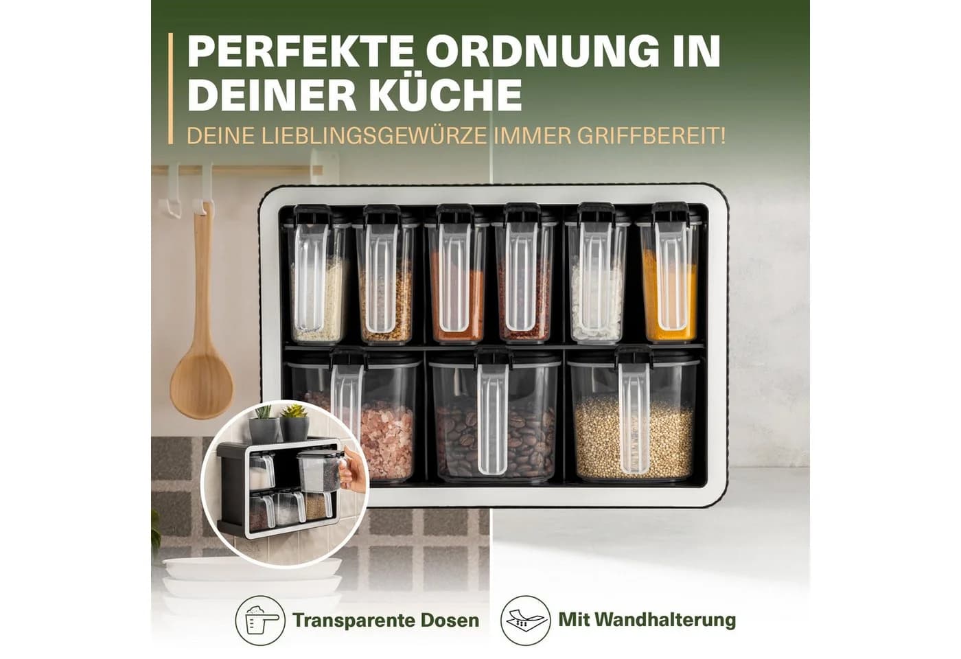 Viwares Gewürzbehälter Gewürzdosen für organisierte Küche 12er Set Mit Wandhalterung und Löffeln - Bild 3