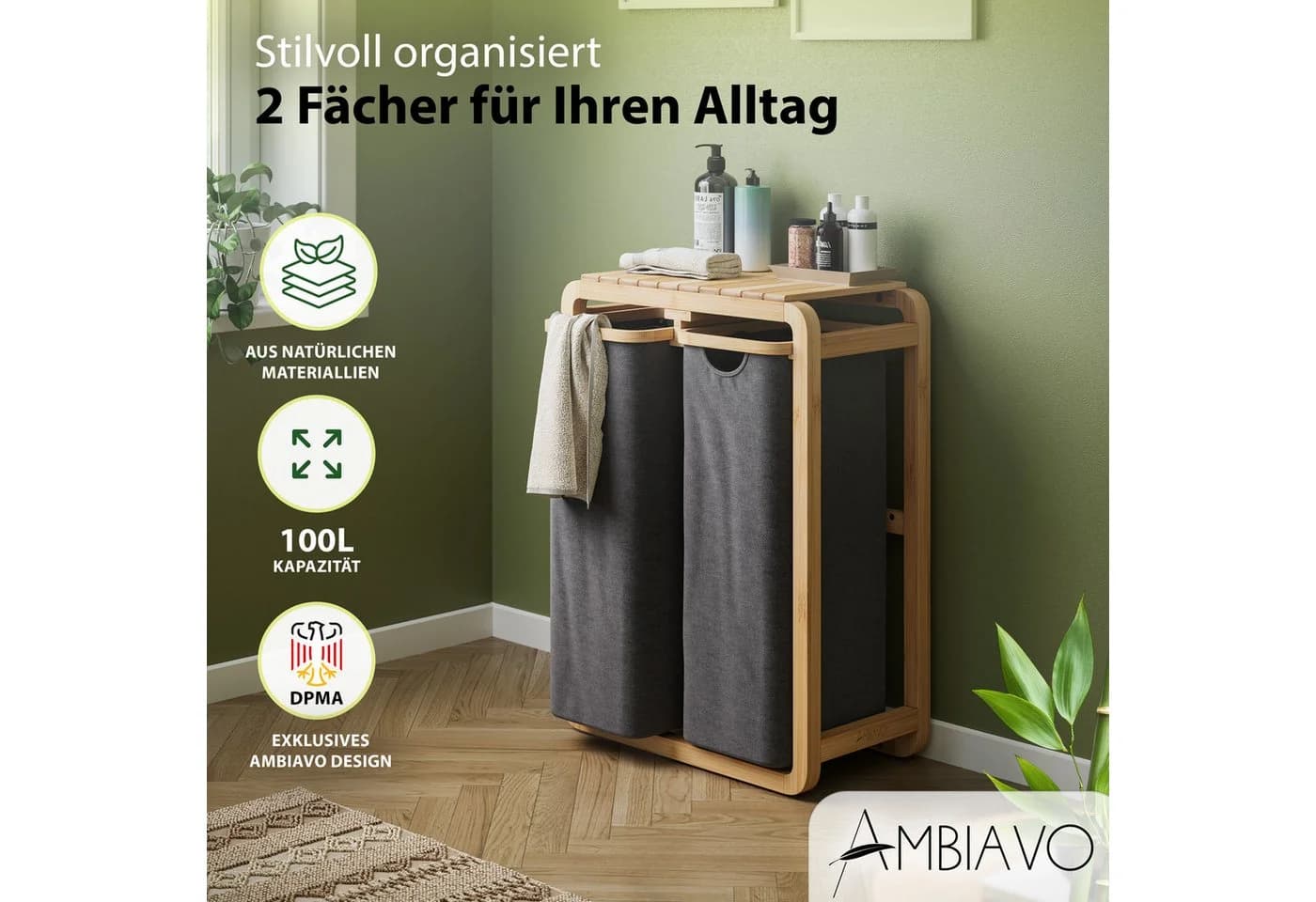 AMBIAVO Wäschekorb 2 Fächer mit waschbaren Baumwollsäcken, 100 L Volumen, Bambusrahmen