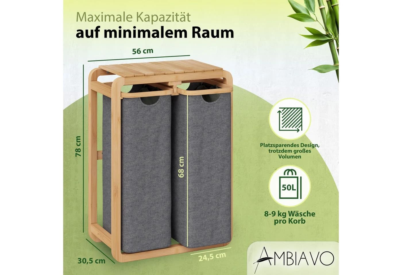 AMBIAVO Wäschekorb 2 Fächer mit waschbaren Baumwollsäcken, 100 L Volumen, Bambusrahmen - Bild 3