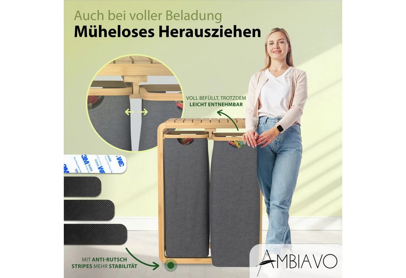 AMBIAVO Wäschekorb 2 Fächer mit waschbaren Baumwollsäcken, 100 L Volumen, Bambusrahmen - Bild 4