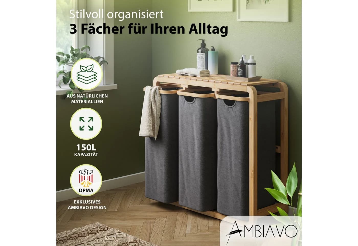 AMBIAVO Wäschekorb 3 Fächer mit waschbaren Baumwollsäcken 150 L Volumen Bambusrahmen