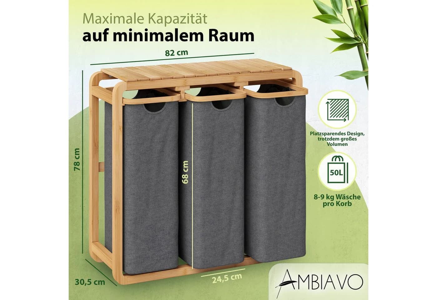 AMBIAVO Wäschekorb 3 Fächer mit waschbaren Baumwollsäcken 150 L Volumen Bambusrahmen - Bild 3