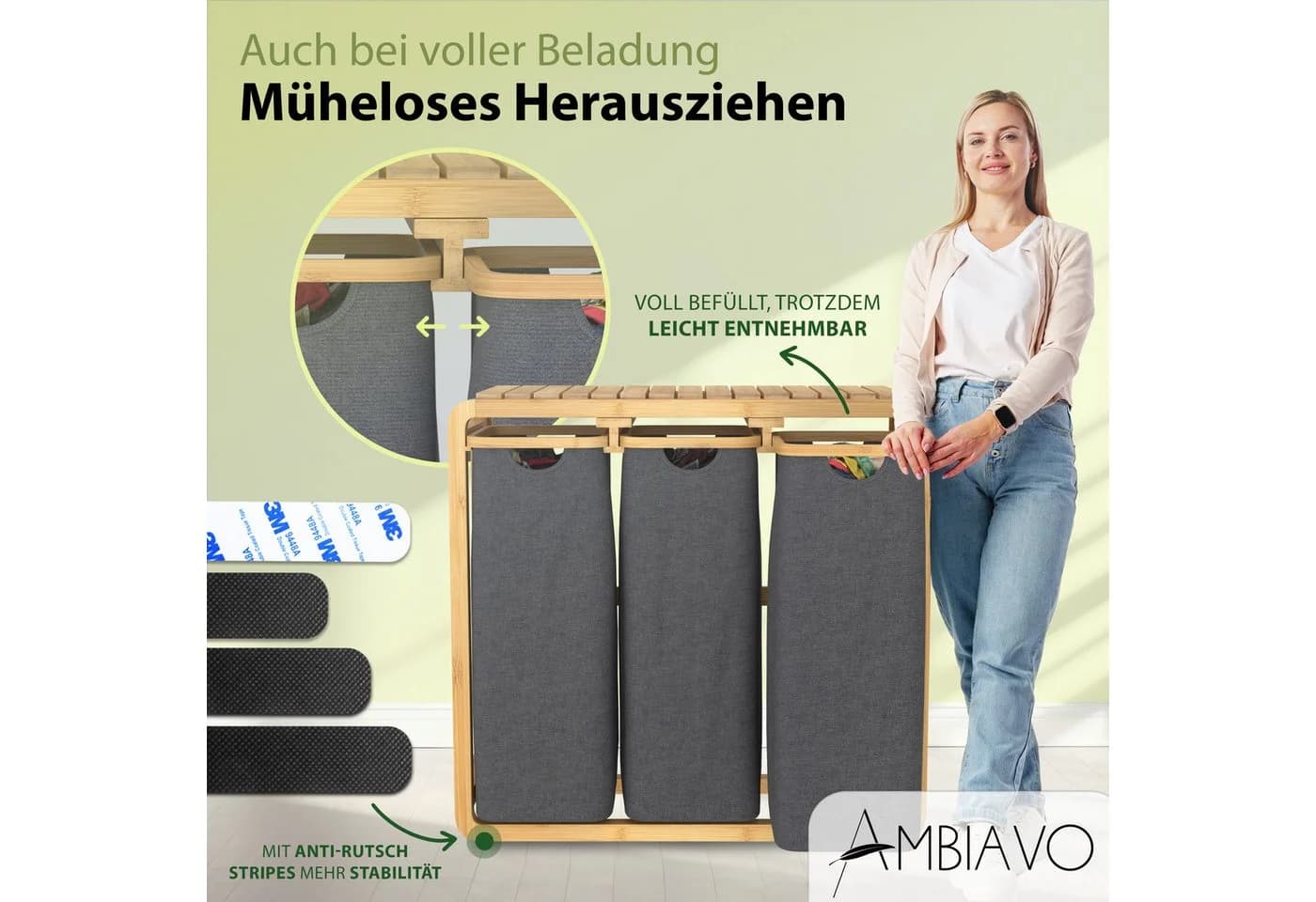 AMBIAVO Wäschekorb 3 Fächer mit waschbaren Baumwollsäcken 150 L Volumen Bambusrahmen - Bild 4