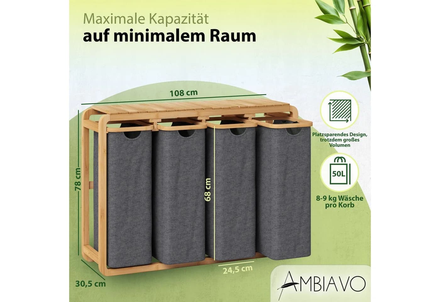 AMBIAVO Wäschekorb 4 Fächer Grau Bambusrahmen 200 L - Bild 3