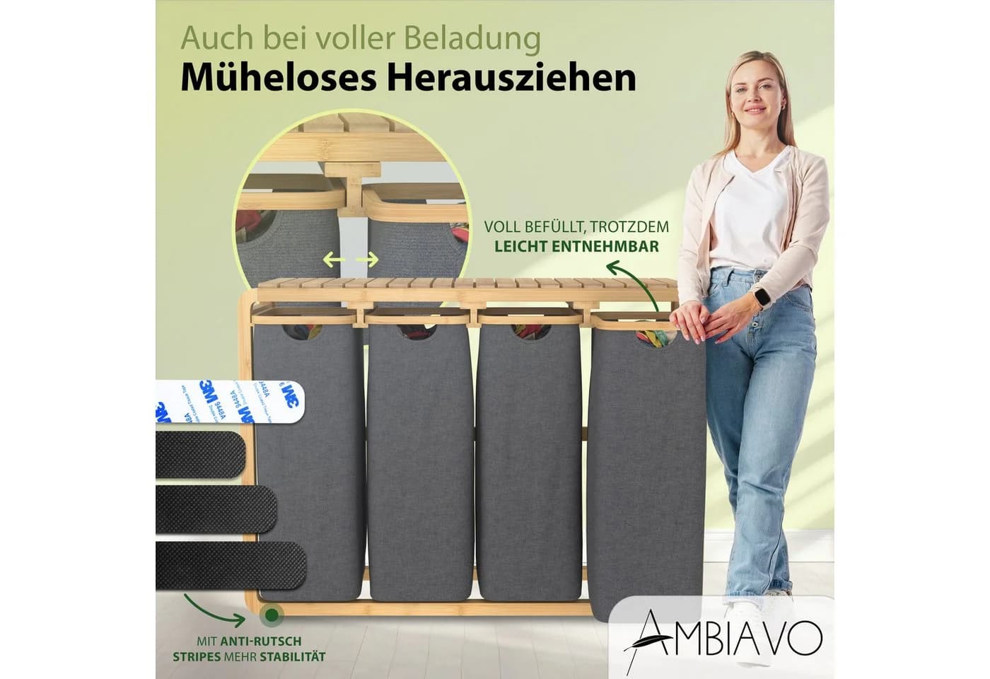 AMBIAVO Wäschekorb 4 Fächer Grau Bambusrahmen 200 L - Bild 4