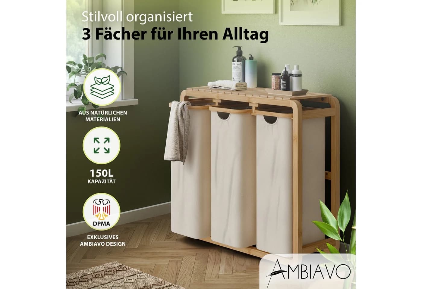 AMBIAVO Wäschekorb 3 Fächer 150 L Beige
