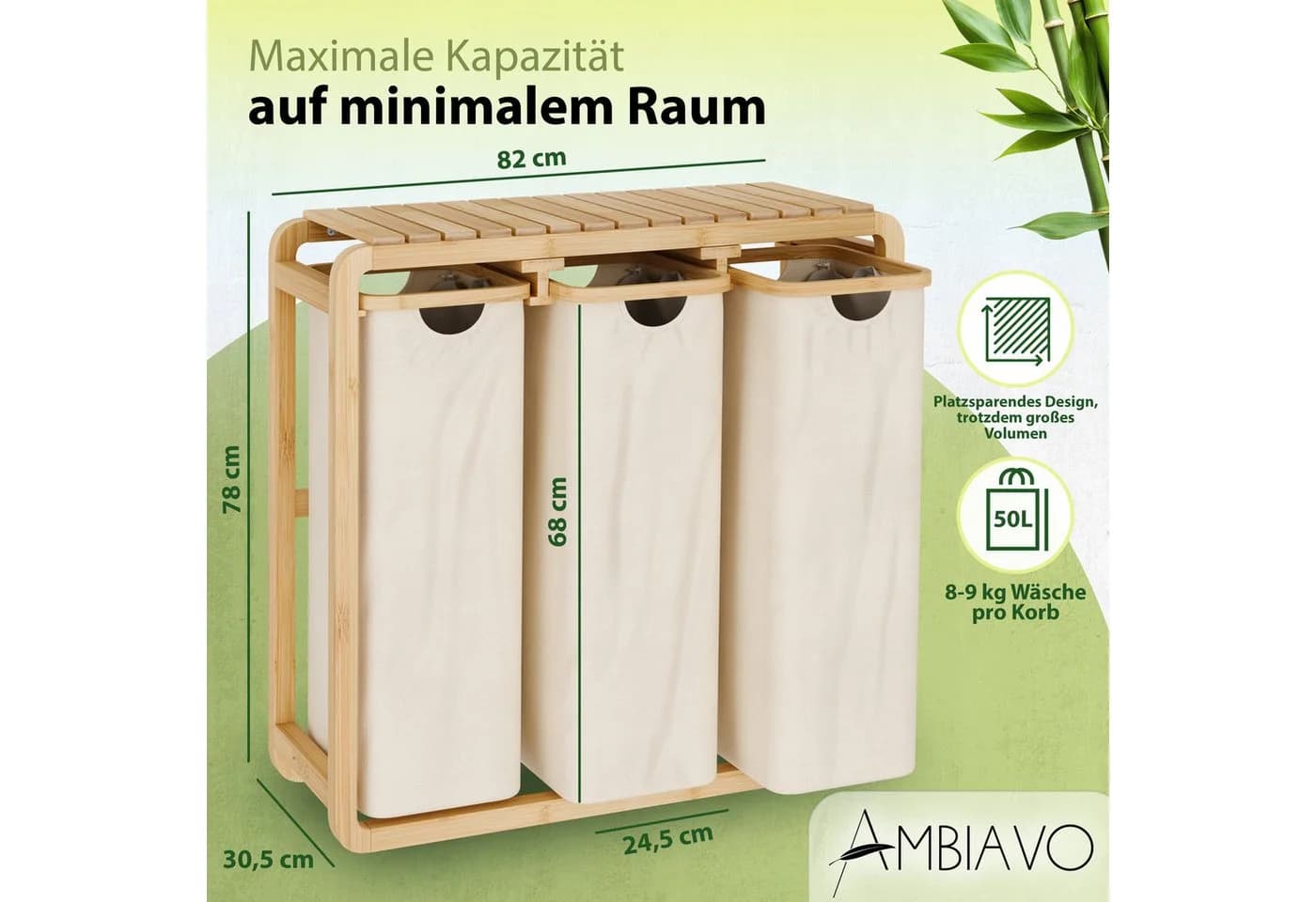 AMBIAVO Wäschekorb 3 Fächer 150 L Beige - Bild 3