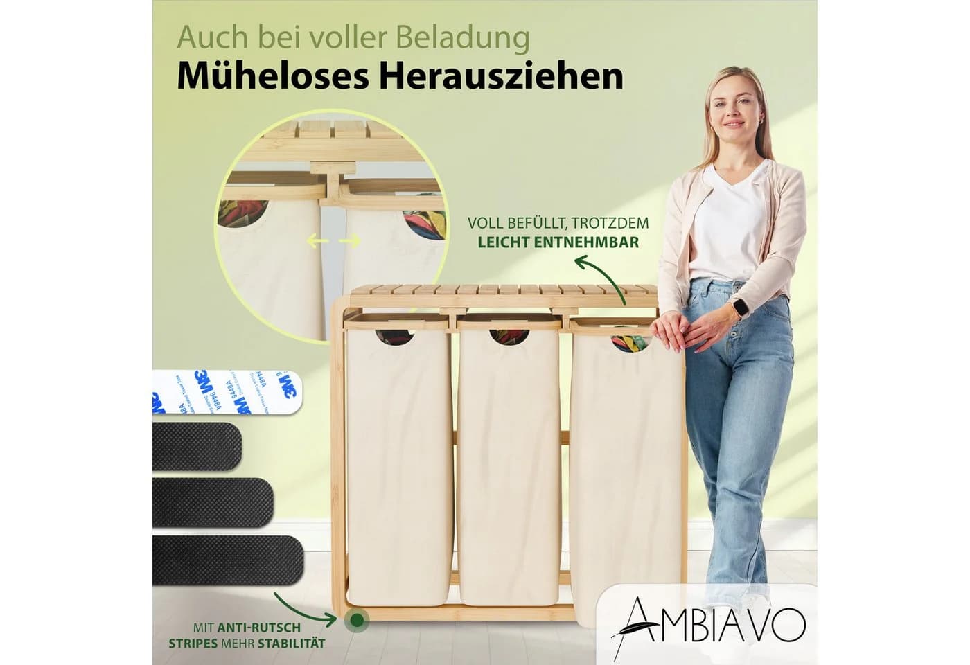 AMBIAVO Wäschekorb 3 Fächer 150 L Beige - Bild 4
