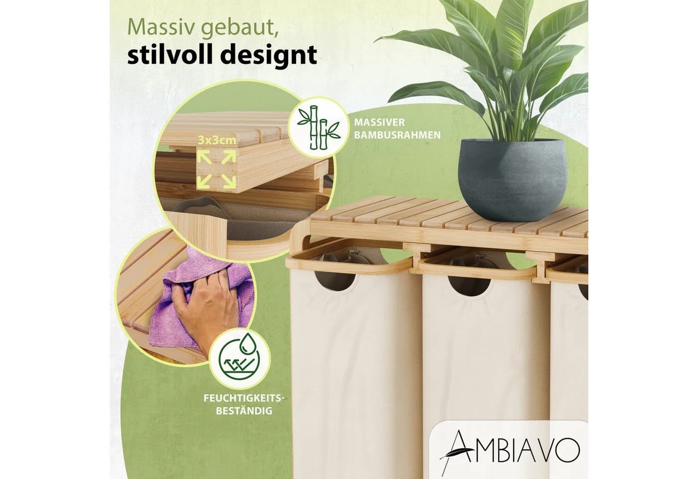 AMBIAVO Wäschekorb 3 Fächer 150 L Beige - Bild 5