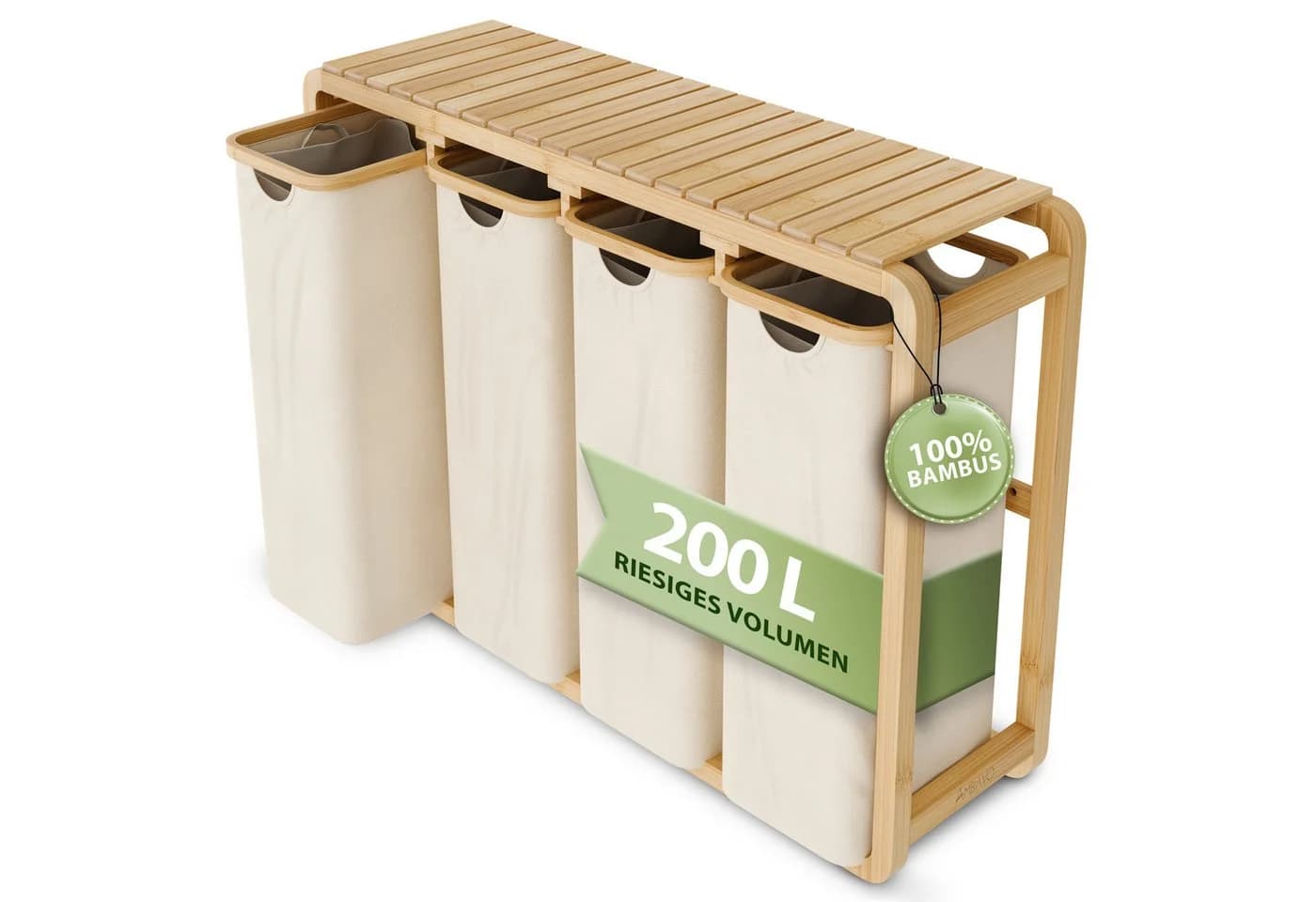 AMBIAVO Wäschekorb 4 Fächer 200 L Volumen Bambusrahmen - Bild 2