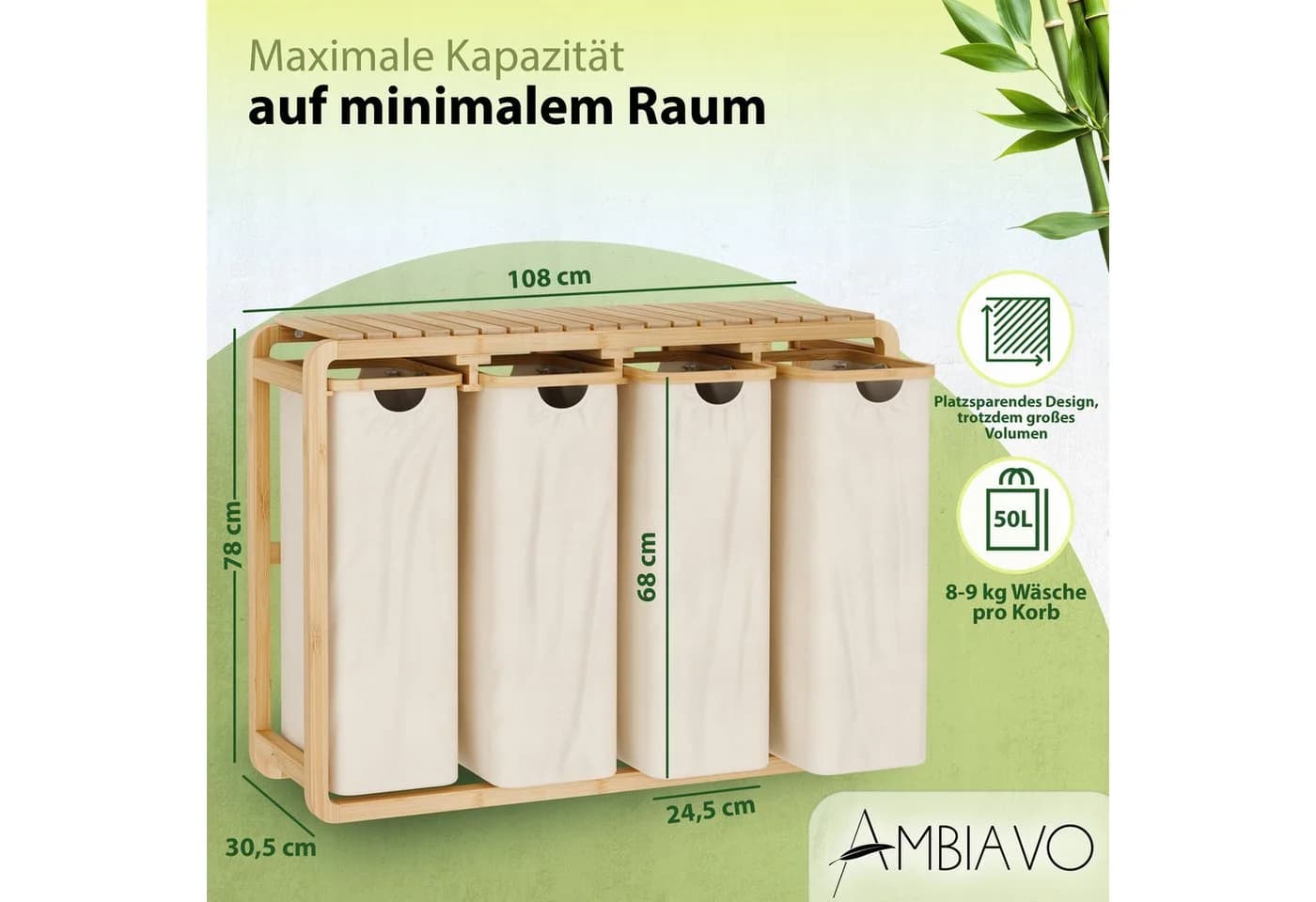 AMBIAVO Wäschekorb 4 Fächer 200 L Volumen Bambusrahmen - Bild 3