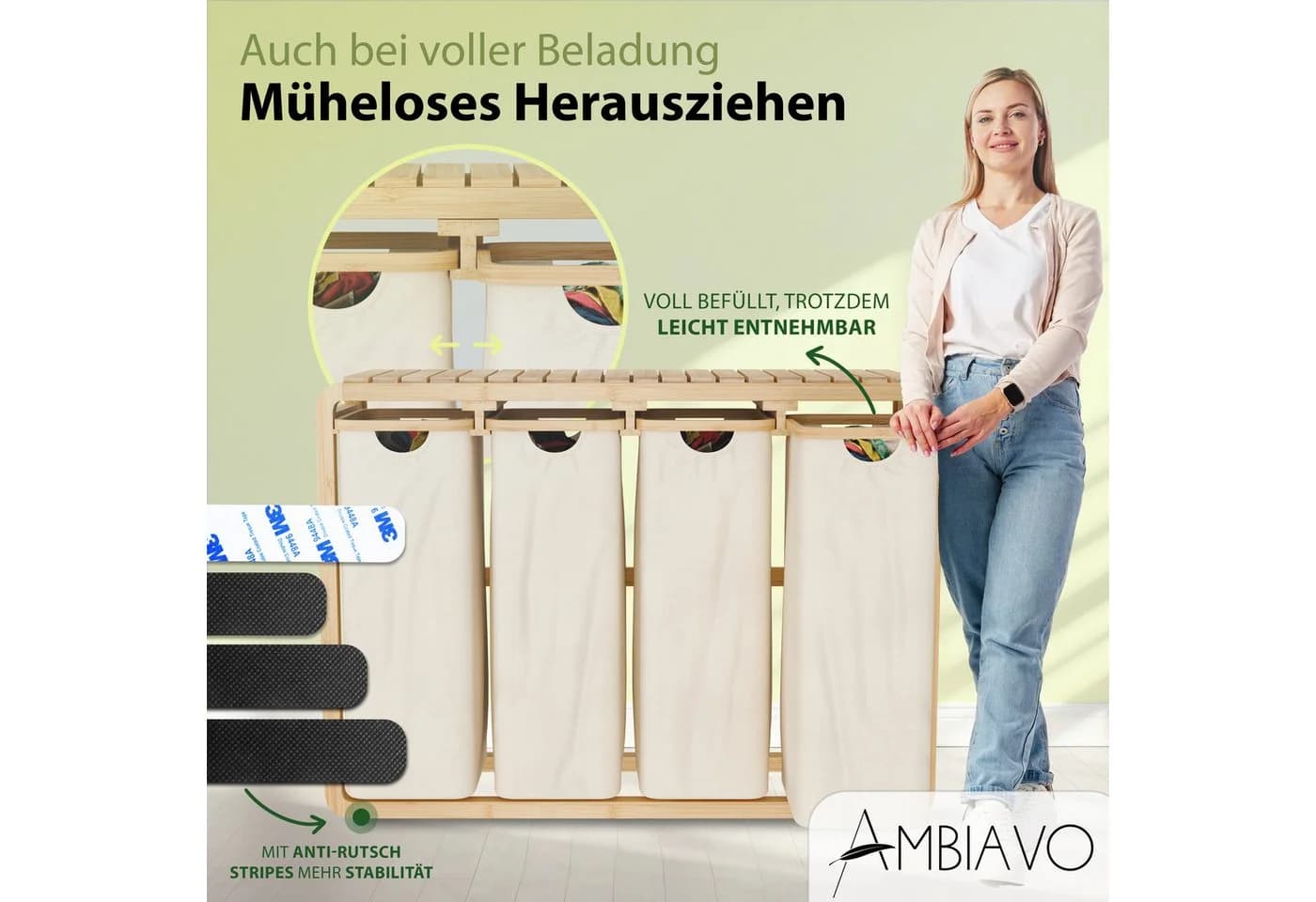 AMBIAVO Wäschekorb 4 Fächer 200 L Volumen Bambusrahmen - Bild 4