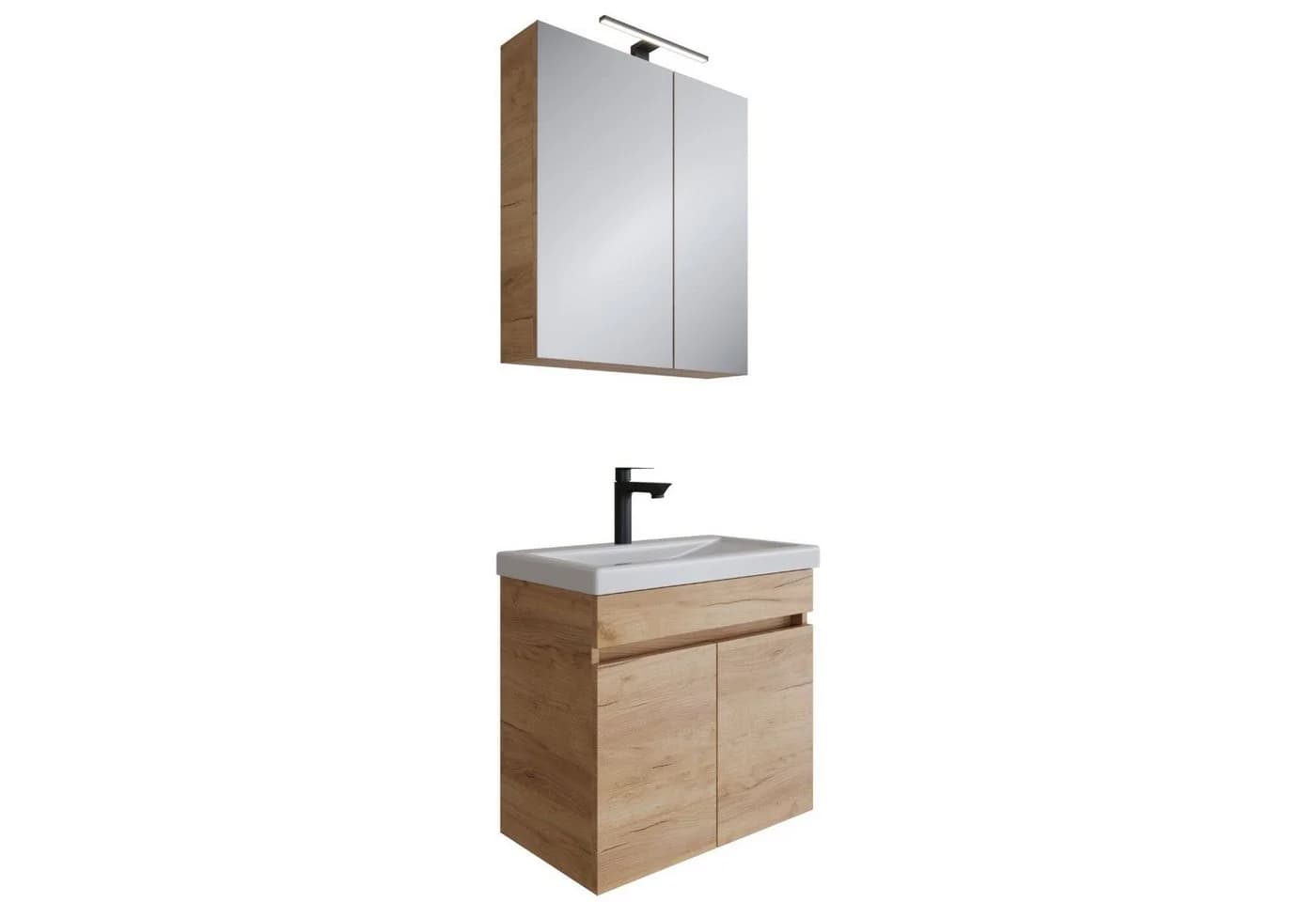 Planetmöbel Badmöbel-Set Gold Eiche Waschtisch mit Spiegelschrank 63 cm
